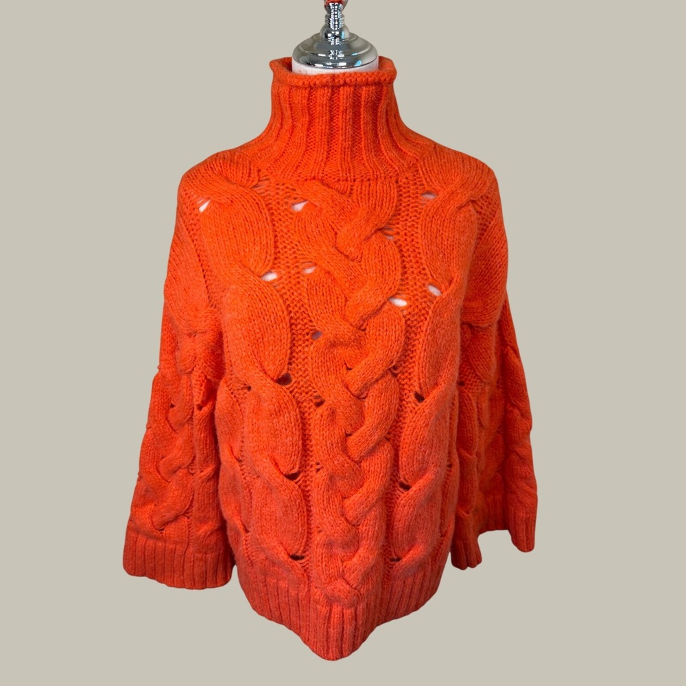 Free People Orange Cable Knit Funnel Neck Alpaca Wool Sweater Oversized XS NWT